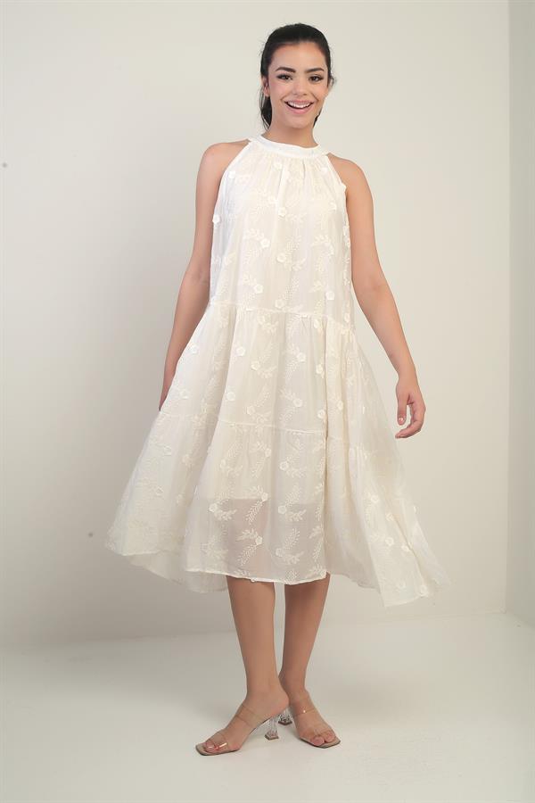 Women's Halter Neck Lace-Up Lined Embroidered Midi Dress