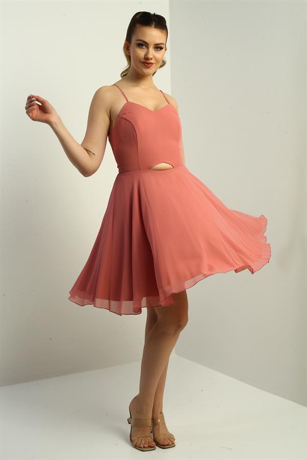 Women's Strappy, Back-Tie, Front-Opening, Lined Chiffon Short Flared Dress