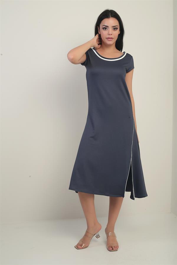 Women's Madonna Neckline Trimmed Slit Crystal Long Dress