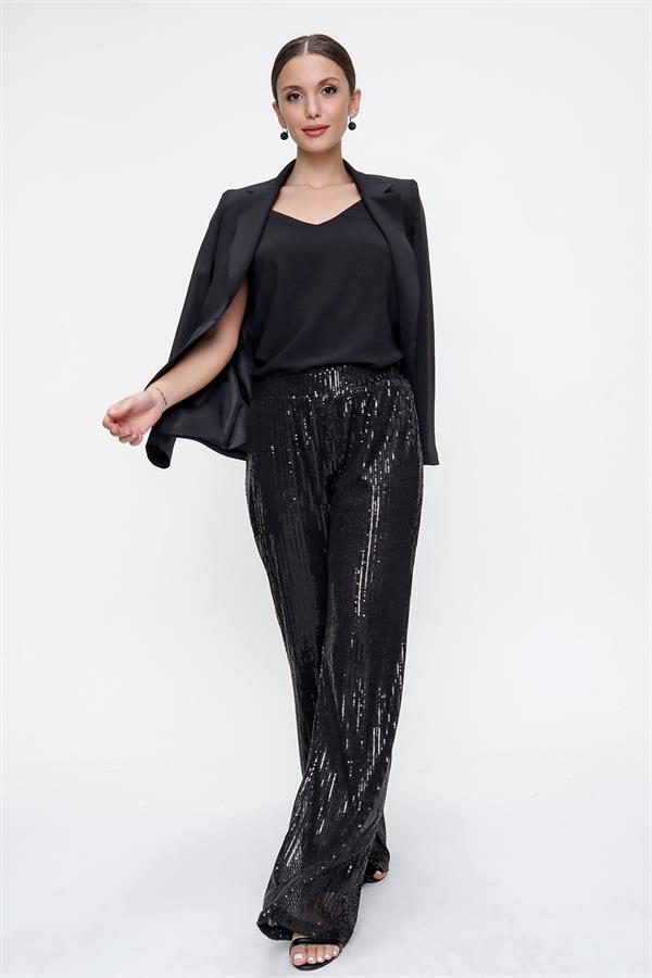 Pantalon en tulle doublé de sequins à taille élastique