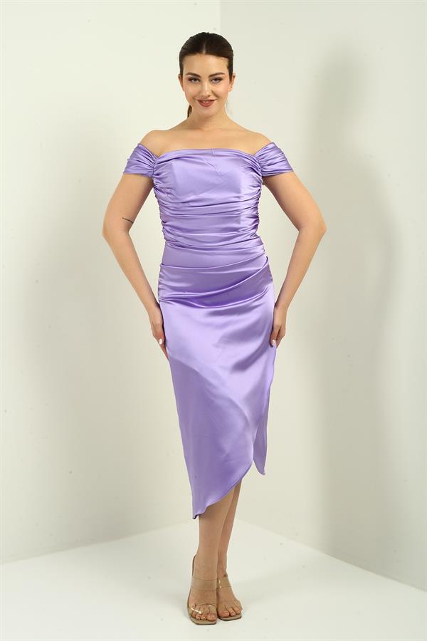 Women's Madonna Neckline Draped Asymmetrical Satin Short Dress