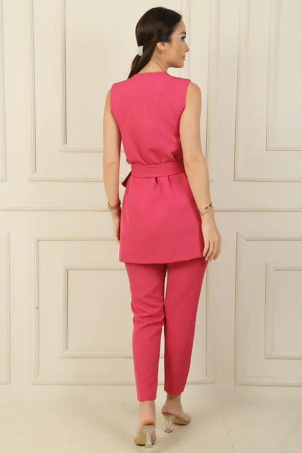 6 Düğmeli Sahte Cepli Kuşaklı Yelek Beli Lastikli Dar Paça Pantolon 2'li Takım