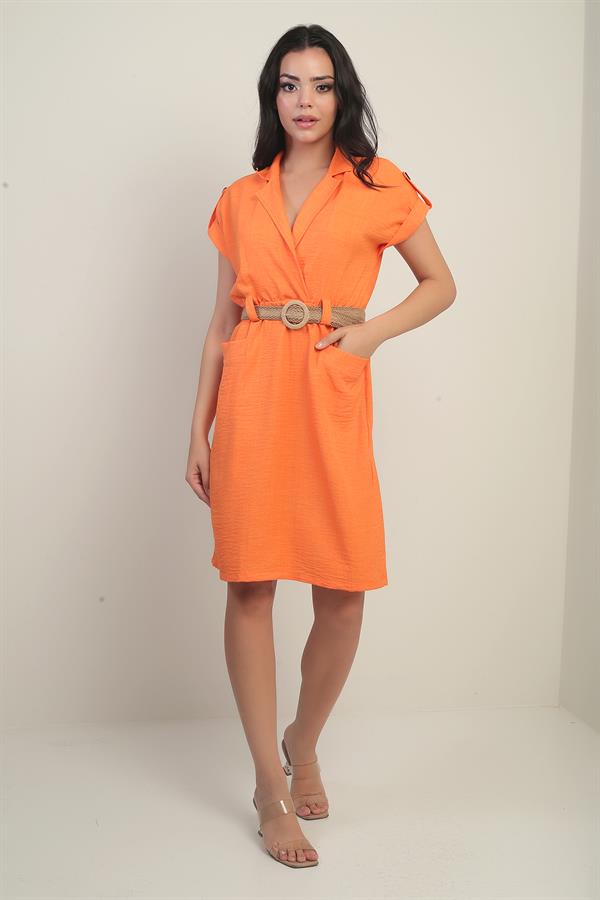 Women's Dress with Patch Pockets and Belt Waist