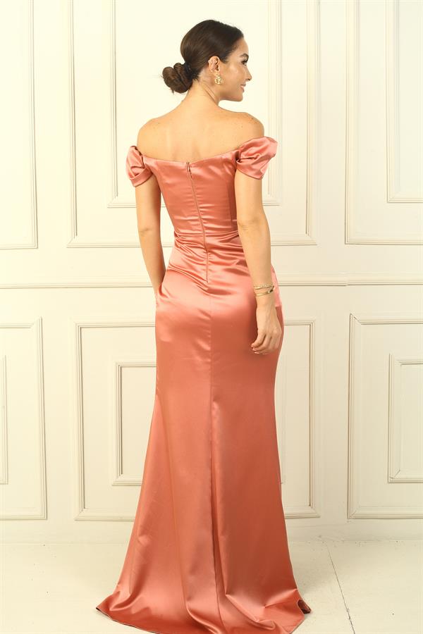 Long satin dress with side ruching and underwire lining.