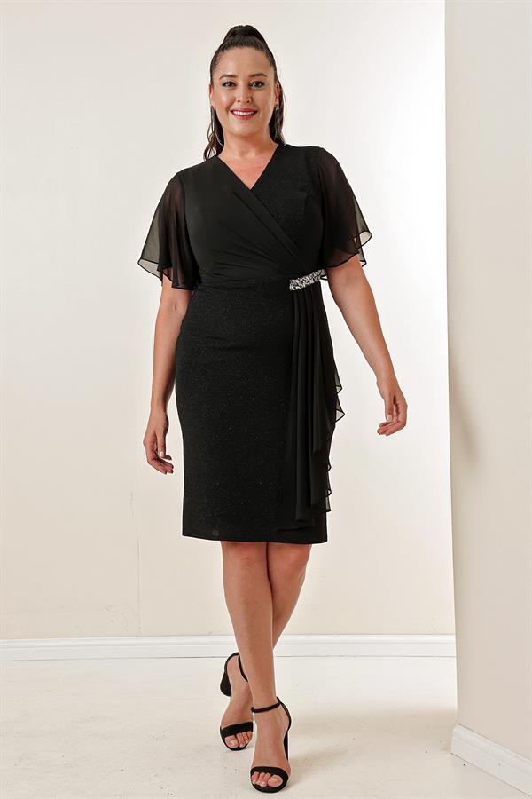 Robe courte grande taille à paillettes, manches en mousseline et ornements latéraux, doublée