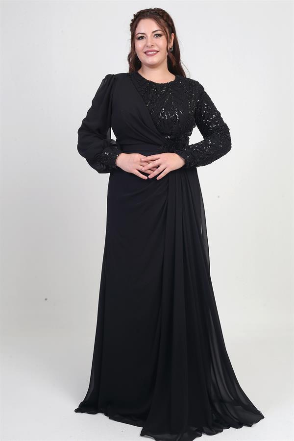 Women's Plus Size Long Chiffon Dress with Sequin and Bead Embellishment, Lined, and Floral Waistline