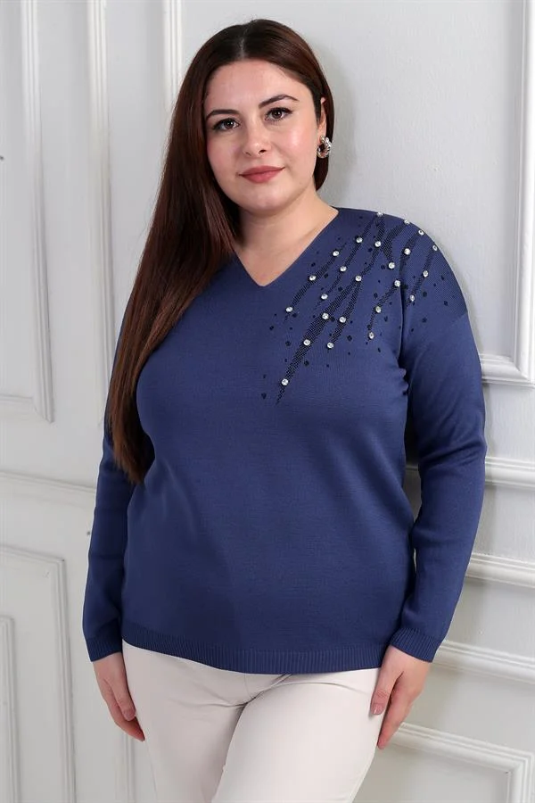 Kadın V Yaka Büyük Beden Taşlı Triko Bluz