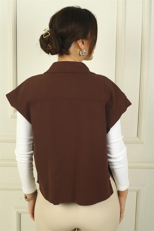 Women's Dropped Sleeve Vest with Side Laces and Metal Buttons at the Front