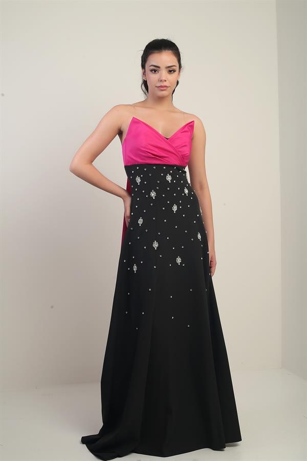 Women's Taffeta Top Strapless Double Stone Spliced Flared Long Dress