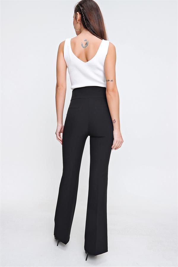 Pantalon espagnol taille haute, à poches, extensible et à jambes larges