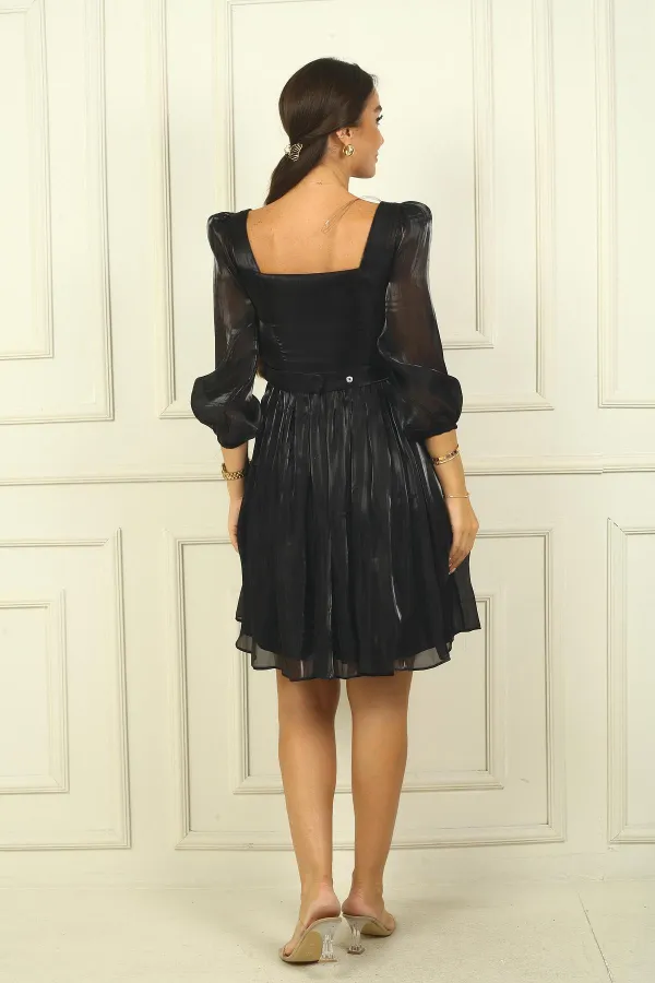 Women's Square Neck Long Sleeve Belted Pleated Organza Short Dress