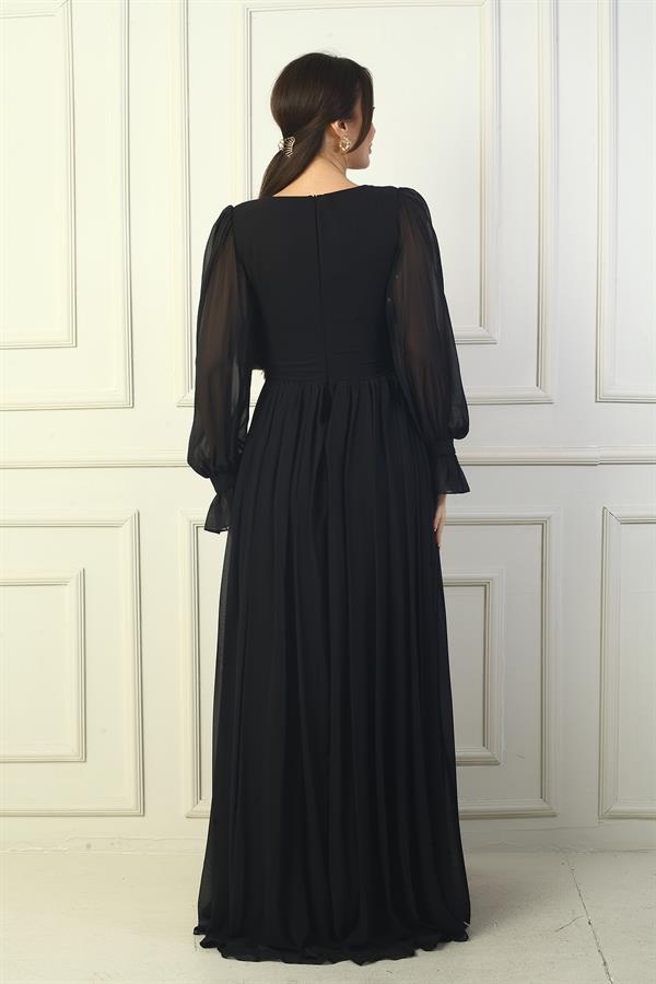 Robe de soirée longue en mousseline doublée, col en V et ceinture à boucle pour femme