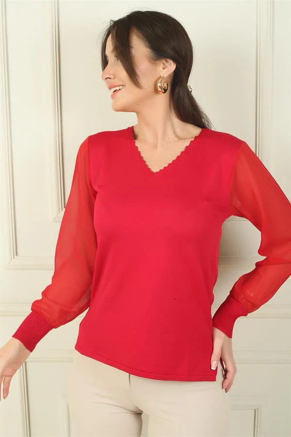 Kadın Merdiven V Yaka Kolları Şifon Kazak