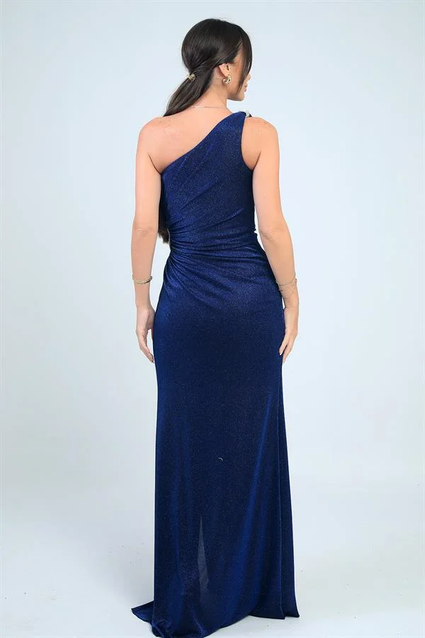 Women's One-Shoulder Side-Seam Draped Lined Lycra Glitter Long Dress