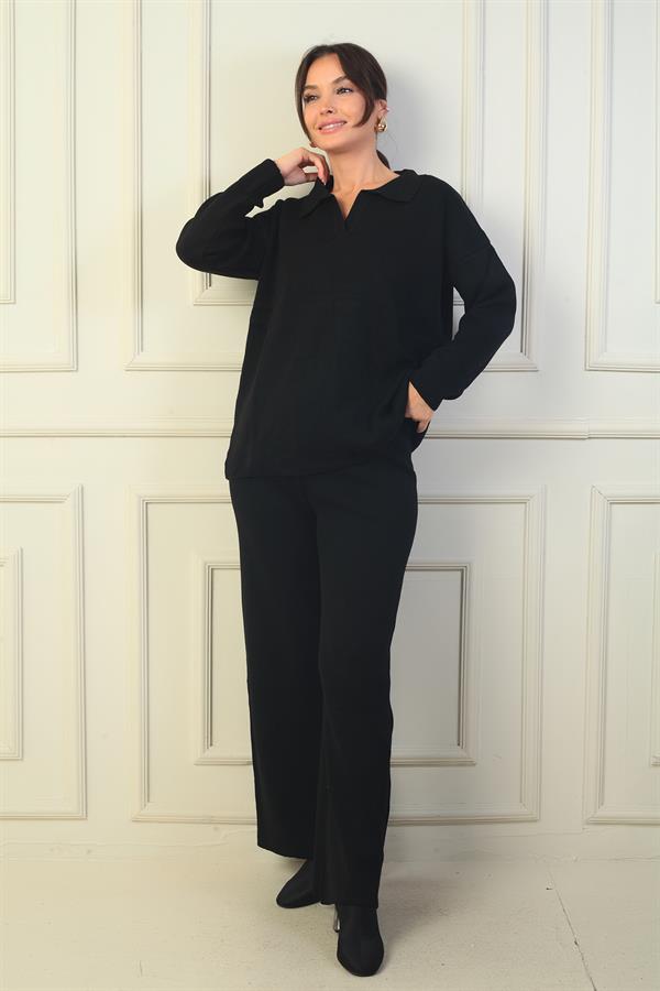 Pull à col polo, pantalon palazzo à taille élastiquée, ensemble 2 pièces en maille