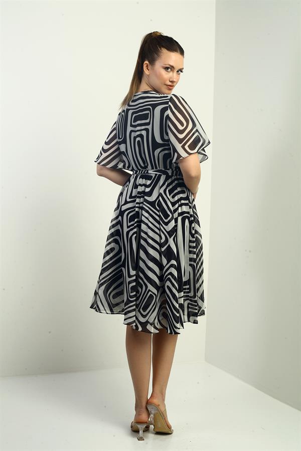 Women's Wrap Neckline Belted Lined Geometric Pattern Chiffon Dress
