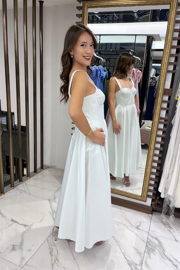 Kadın Askılı Sırtı İpli Korsajlı Saten Kloş Midi Elbise