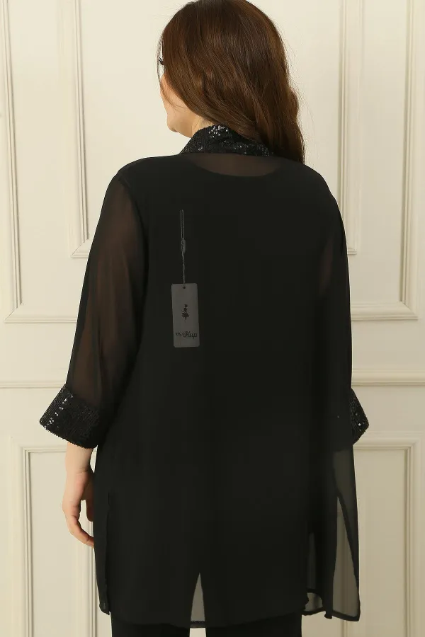 Ensemble 2 pièces veste en mousseline de soie à col châle et paillettes avec chemisier sans manches, grande taille