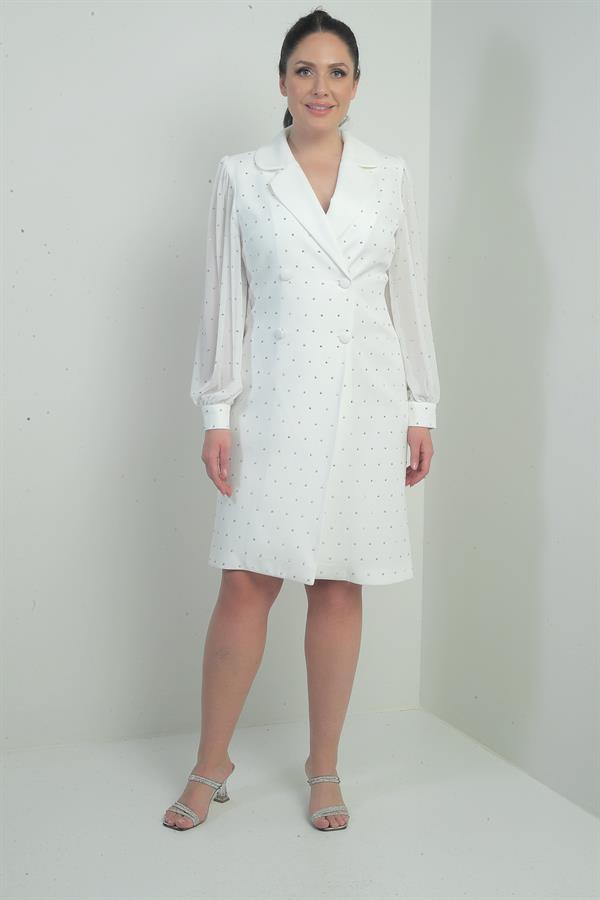 Women's Wrap Neckline Button-Front Chiffon Sleeved Beaded Plus Size Short Dress