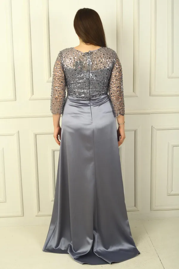 Kadın Çiçekli Altı Saten Üstü Gritel Astarlı Büyük Beden Uzun Elbise