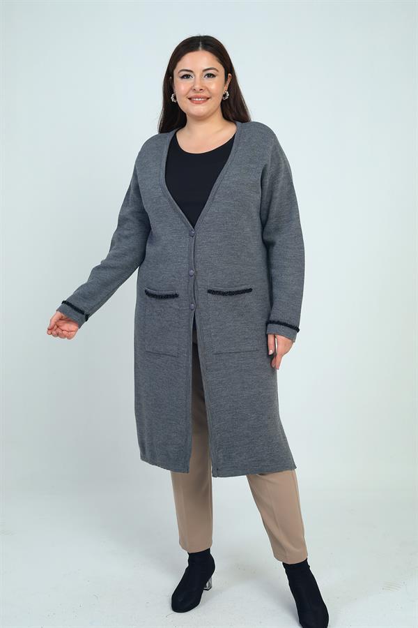 Kadın  Cepleri Şerit Detaylı Büyük Beden Uzun Triko Hırka