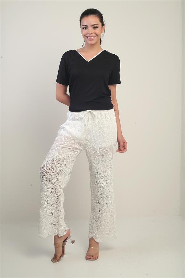 Women's Elastic Waist, Half-Lined, Wide-Leg, Embroidered Trousers