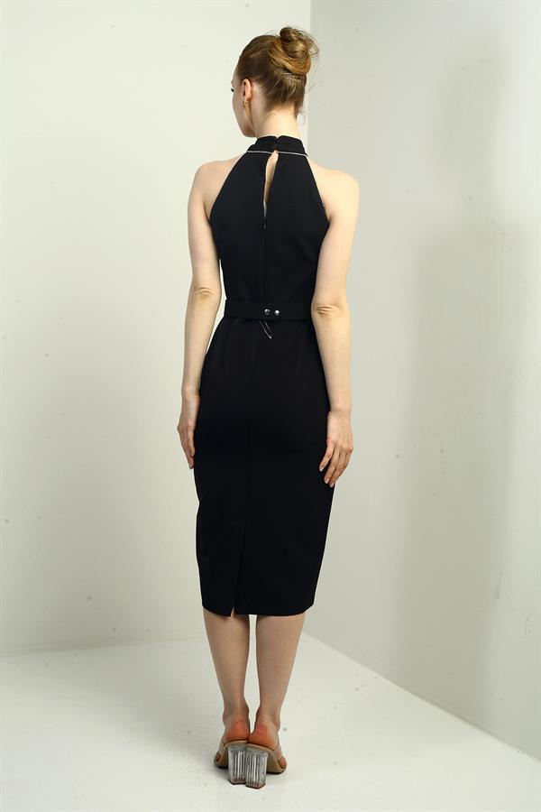 Women's Embellished Cross Neck Belted Midi Crepe Dress