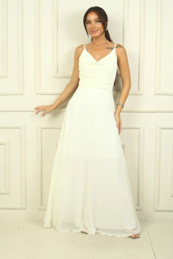 Robe longue en mousseline doublée à bretelles et drapée pour femme