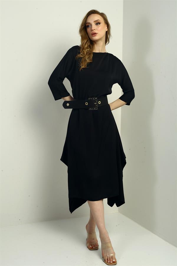 Kadın Çeyrek Kollu Beli Kemerli Asimetrik Krep Saten Midi Elbise