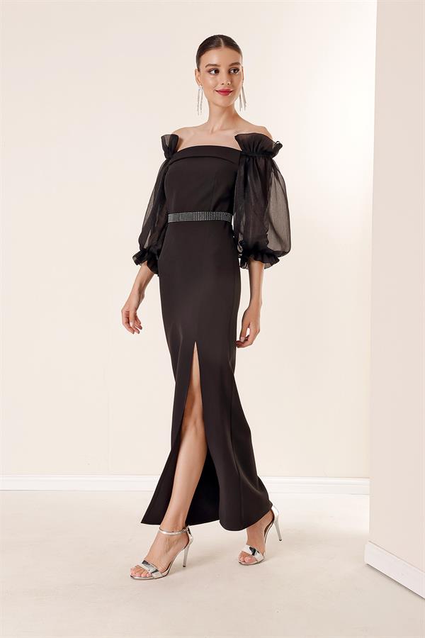 Square Neck, Organza Sleeves, Front Slit, Belted Waist Long Dress