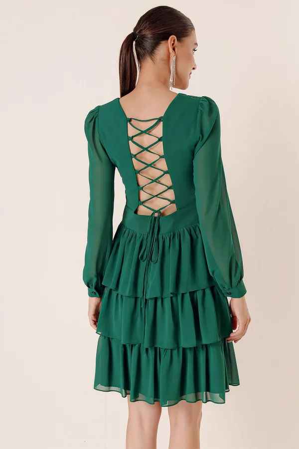 Şifon Gloplu Bel Ve Sırt Dekolteli Kat Kat Elbise