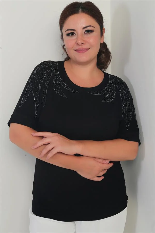 Chemisier grande taille à manches chauve-souris courtes pour femme, orné de strass aux épaules et en lycra.