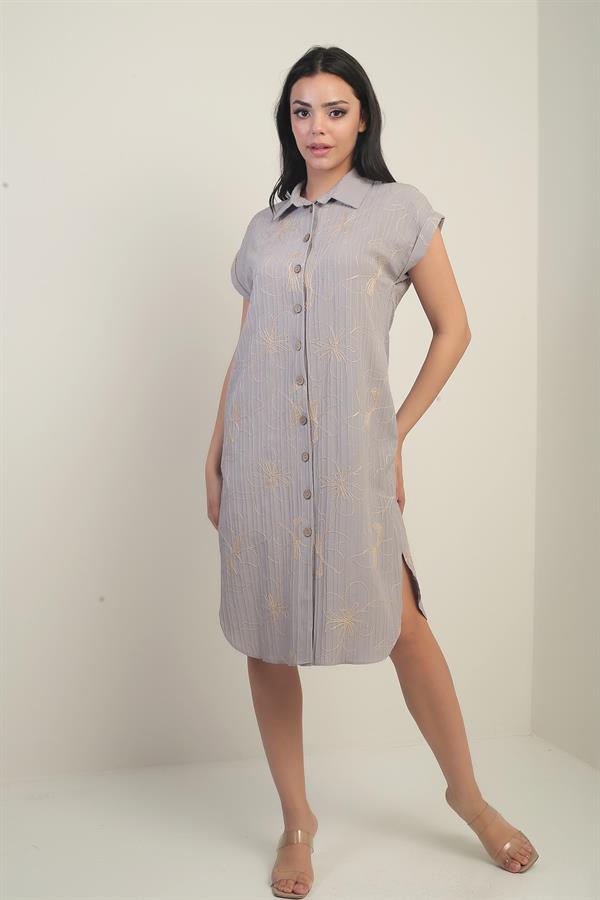 Women's Short-Sleeved, Corded, Pocketed Shirt Dress with Side Slits
