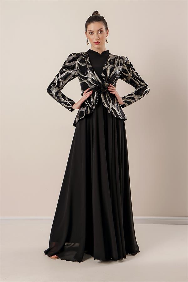 Kolları Büzgülü Güllü KEmer Detaylı Astarlı Üstü Yaldızlı Şifon Elbise