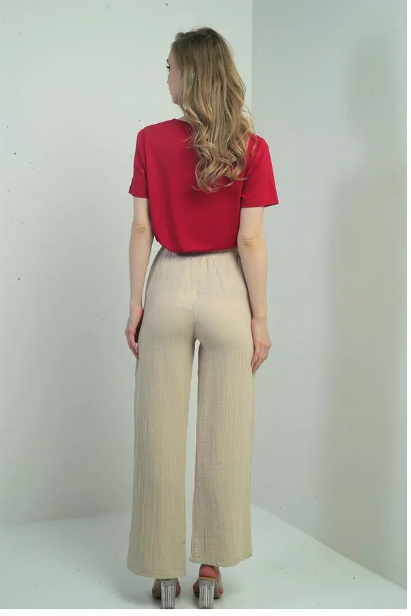 Women's Muslin Palazzo Pants with Elastic Waist and Pockets