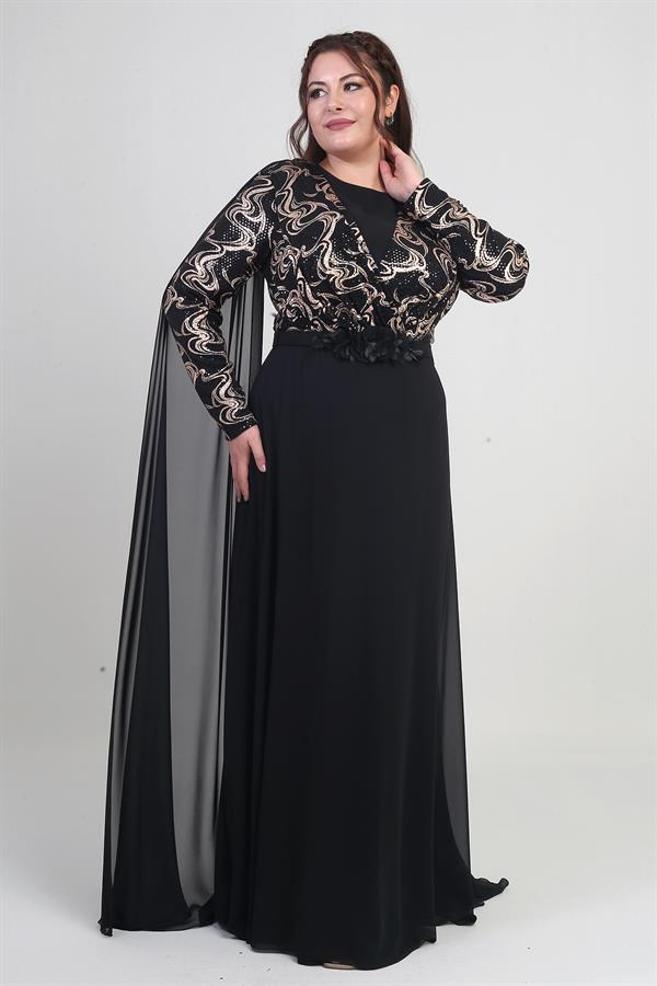 Kadın Kruvaze Yaka Görünümlü Pullu Astarlı Şifon Uzun B.B. Elbise