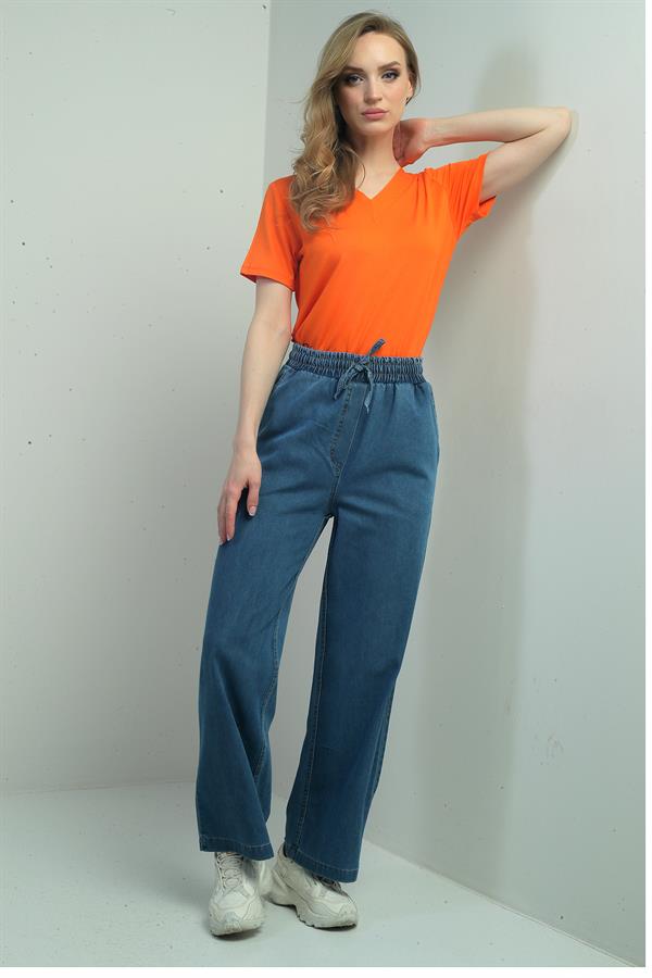 Women's Elastic Waist Palazzo Jeans with Side Pockets