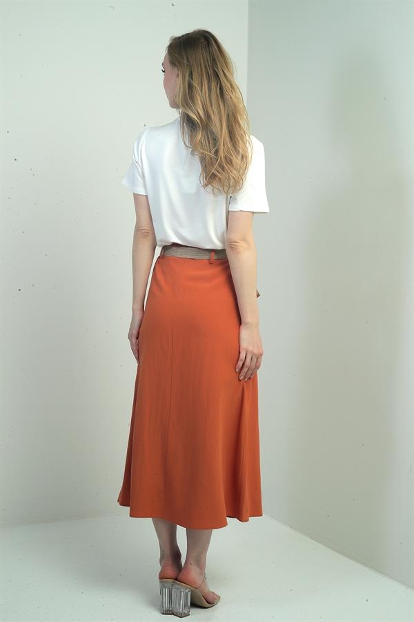 Kadın Beli Kemerli Arkası Fermuarlı Önü Yırtmaçlı Uzun Salaş Etek