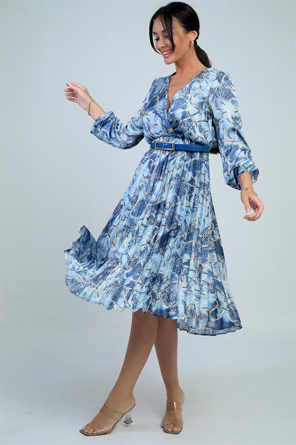Kadın Kruvaze Yaka Beli Kemerli Astarlı Zincir Desen Piliseli Midi Saten Elbise