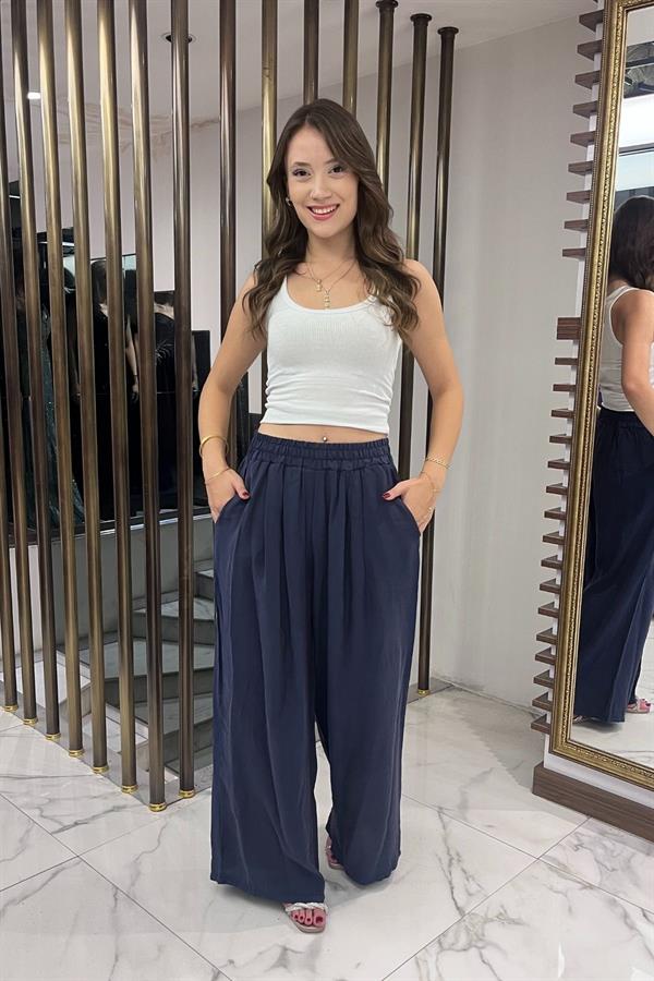 Kadın Beli Lastikli Cepli Lyocell Palazzo Pantolon