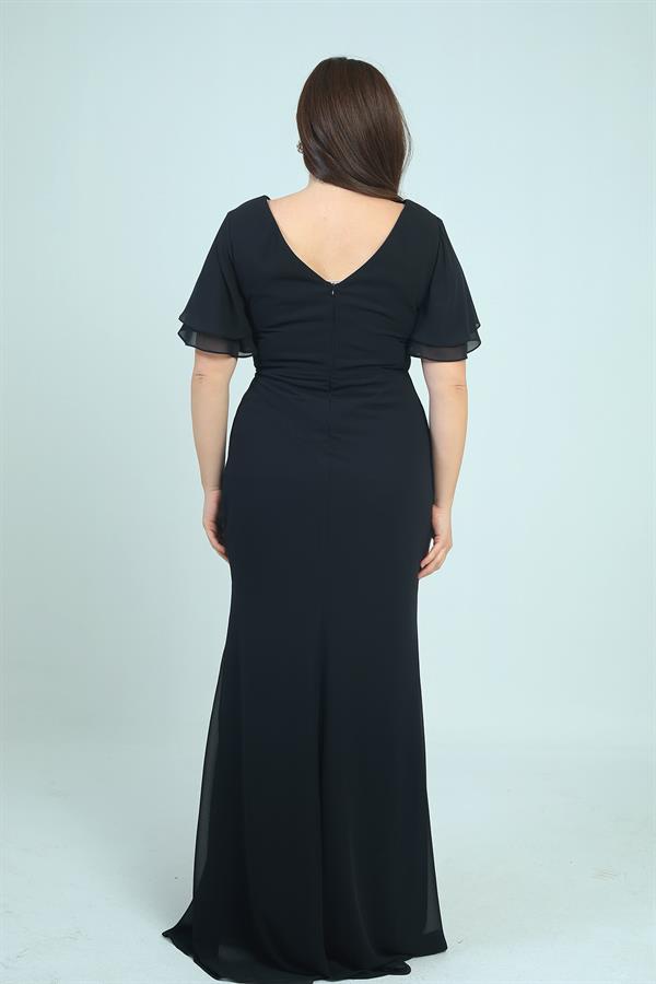 Women's Back V-Neck Lined Waist Beaded Detail Dart-Style Plus Size Crepe Chiffon Dress