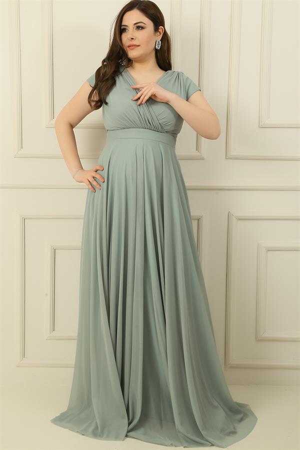 Wrap Neck, Lined, Nail Sleeve, Full Circle, Flared Chiffon Tulle Plus Size Long Dress