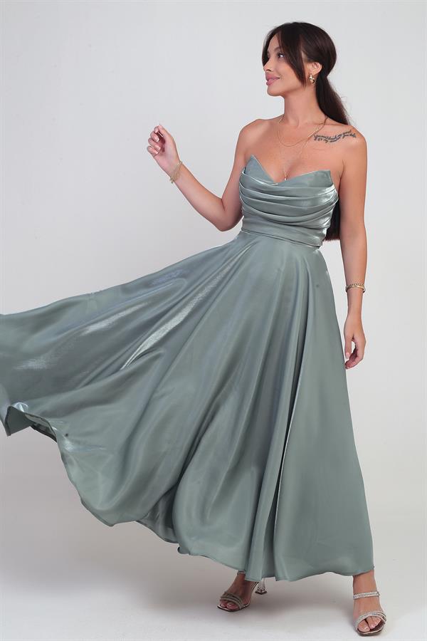 Women's V-Neck Strapless Lined Organza Satin Midi Dress