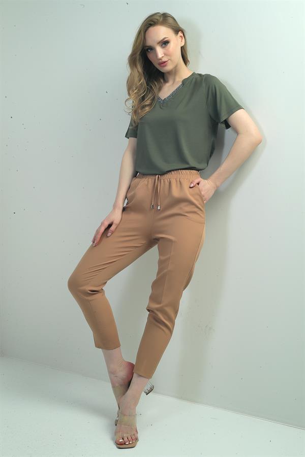 Pantalon carotte pour femme, taille élastique, poches latérales