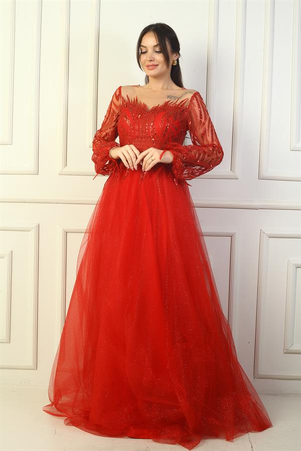 Kadın Pul Detaylı Arkası Bağcıklı Astarlı Simli Uzun Abiye Elbise