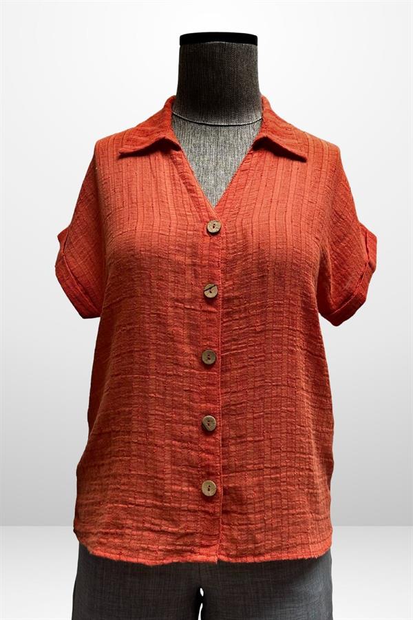 Kadın Polo Yaka Kendinden Desenli Keten Gömlek