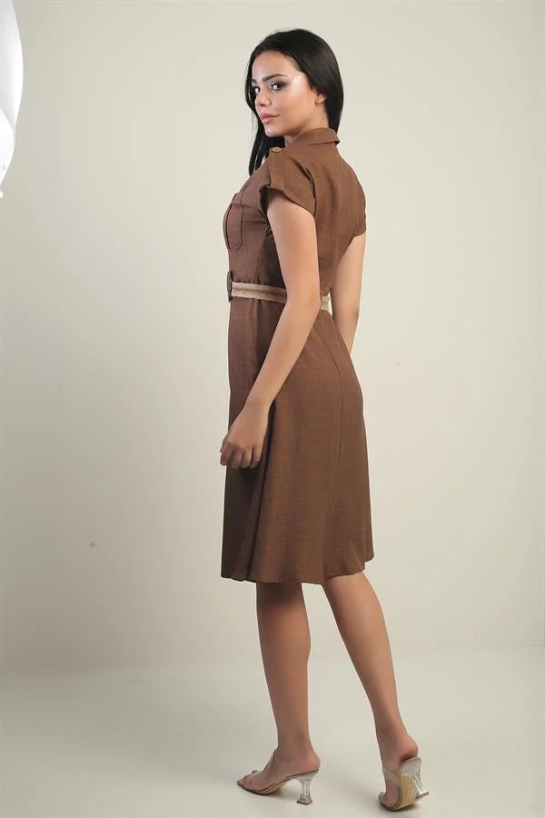 Women's Collared, Off-Shoulder, Double-Pocket, Belted Linen-Effect Dress