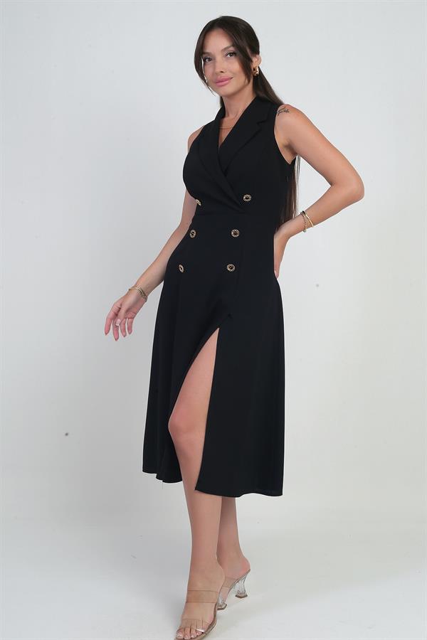 Kadın Kruvaze Yaka Astarlı Çift Yırtmaçlı Düğme Detaylı Midi Krep Elbise