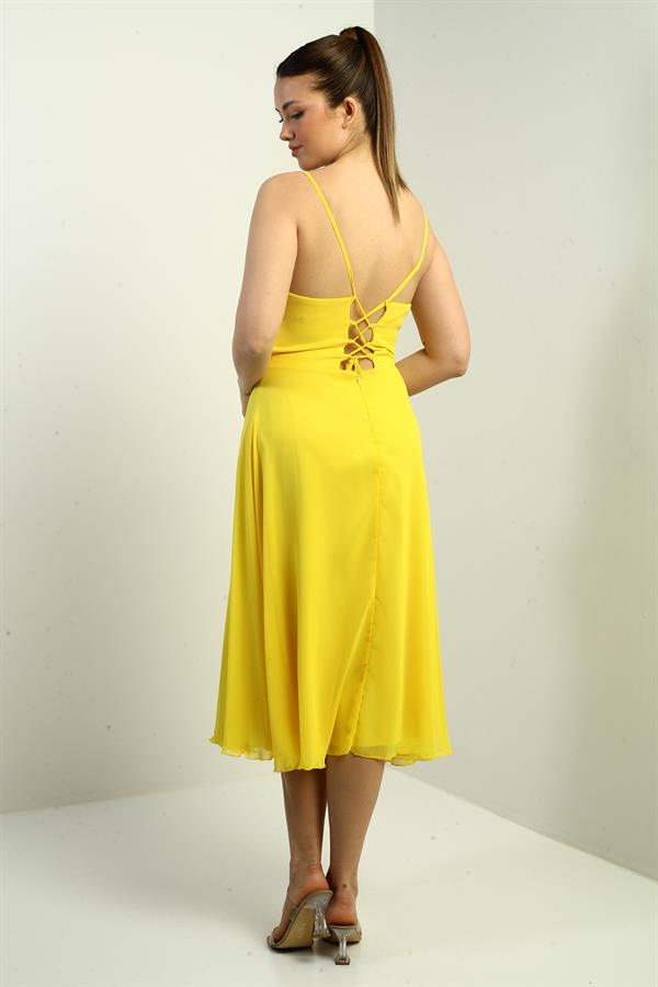 Women's Strappy Wrap Neckline Lined Lace-Up Back Flared Chiffon Dress