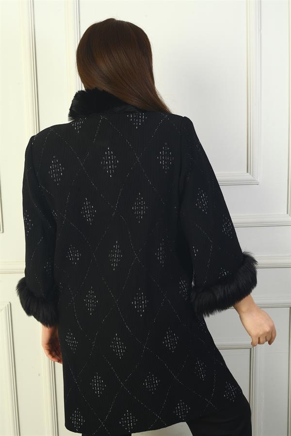 Cardigan grande taille pour femme avec col et manches en fourrure, boutonné sur le devant, poches et motif diamant pailleté